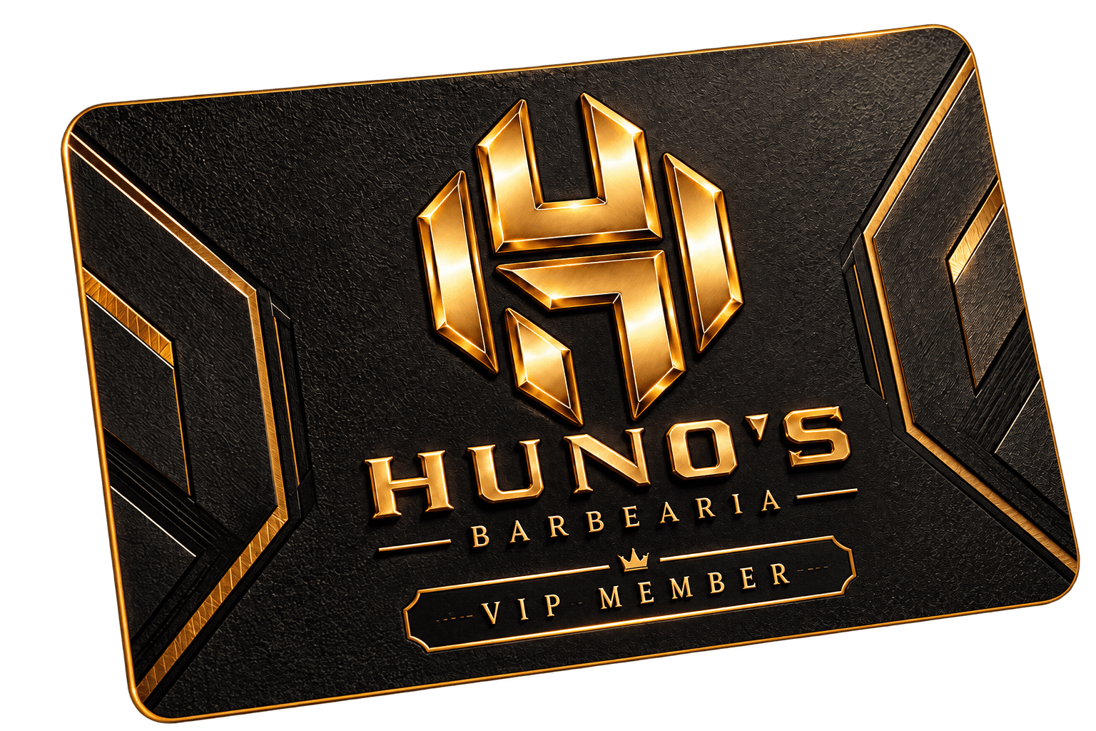 Cartão VIP Member do Clube Hunos, preto e dourado, com o símbolo da Hunos Barbearia